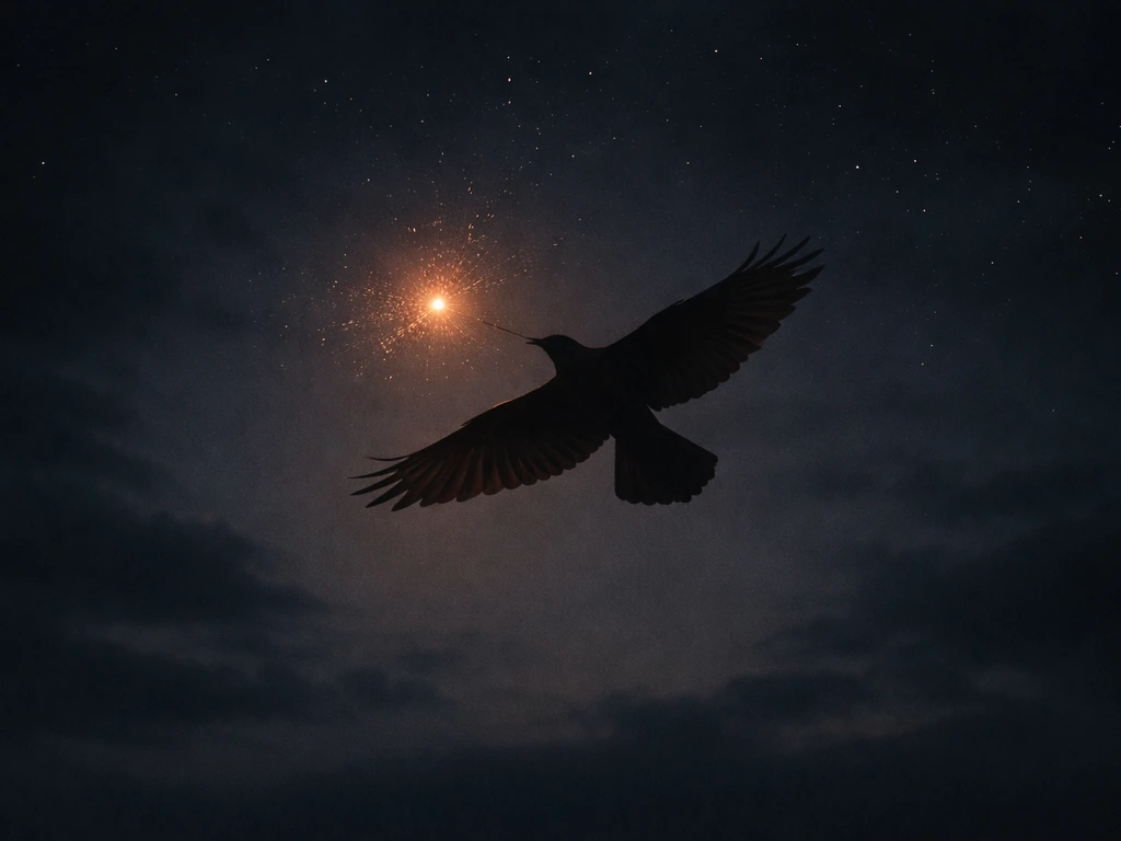 A small glowing spark hovers beside a silhouetted bird flying in a dark starry sky.