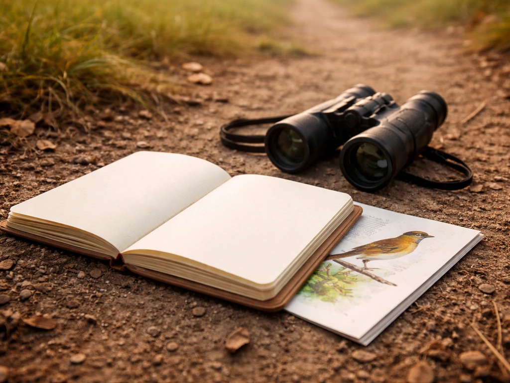 Binoculars and an open field notebook beside a small bird guide page on an outdoor path.