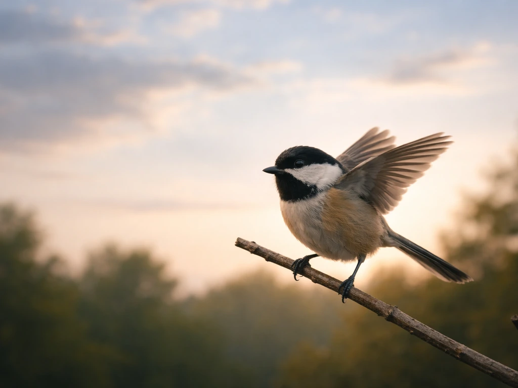 A single songbird perched on a branch with an open sky behind it, symbolizing freedom and perspective.