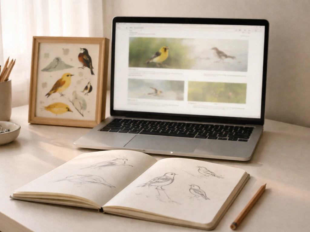 Minimal collage on a desk: laptop with blank birding feed glow, bird poster, and open notebook sketches.