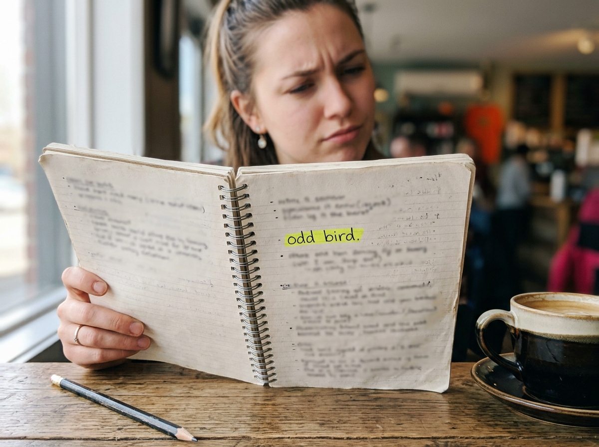 Person reading text where “odd bird” appears and reacting to the tone