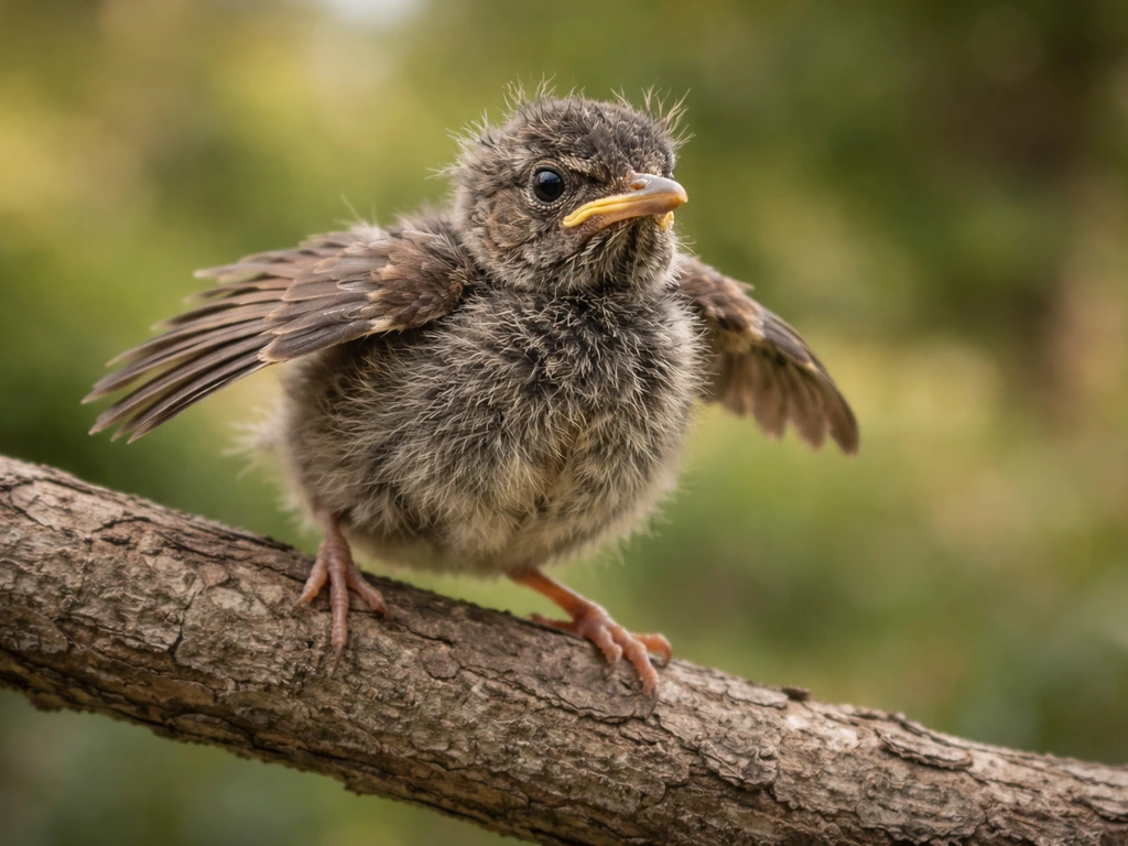 Scrappy young bird with partially feathered wings perched on a branch, in-between stage near flying
