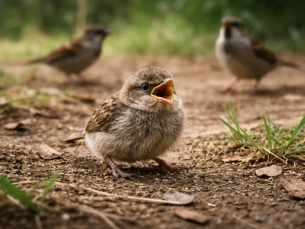 Small fledgling on the ground mid-hop with its beak slightly open, adult birds nearby out of focus.