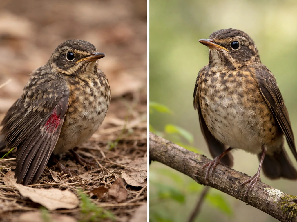 Split-scene photo: injured young bird with drooping wing beside a healthy perched bird.
