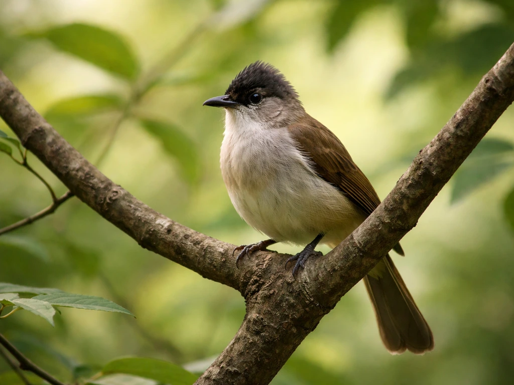 A bulbul perched on a leafy branch in a sun-dappled forest understory.