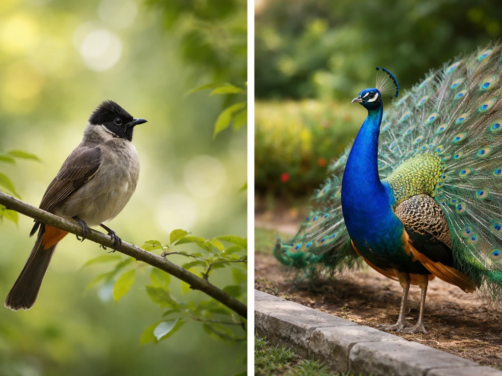 Close-up of a small bulbul perched beside a peacock-feathered bird display in a simple natural garden setting.