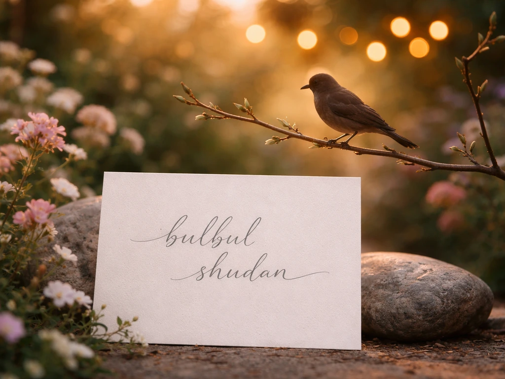 Romantic garden with a softly perched bulbul-like bird and a blank card bearing “bulbul shudan”.