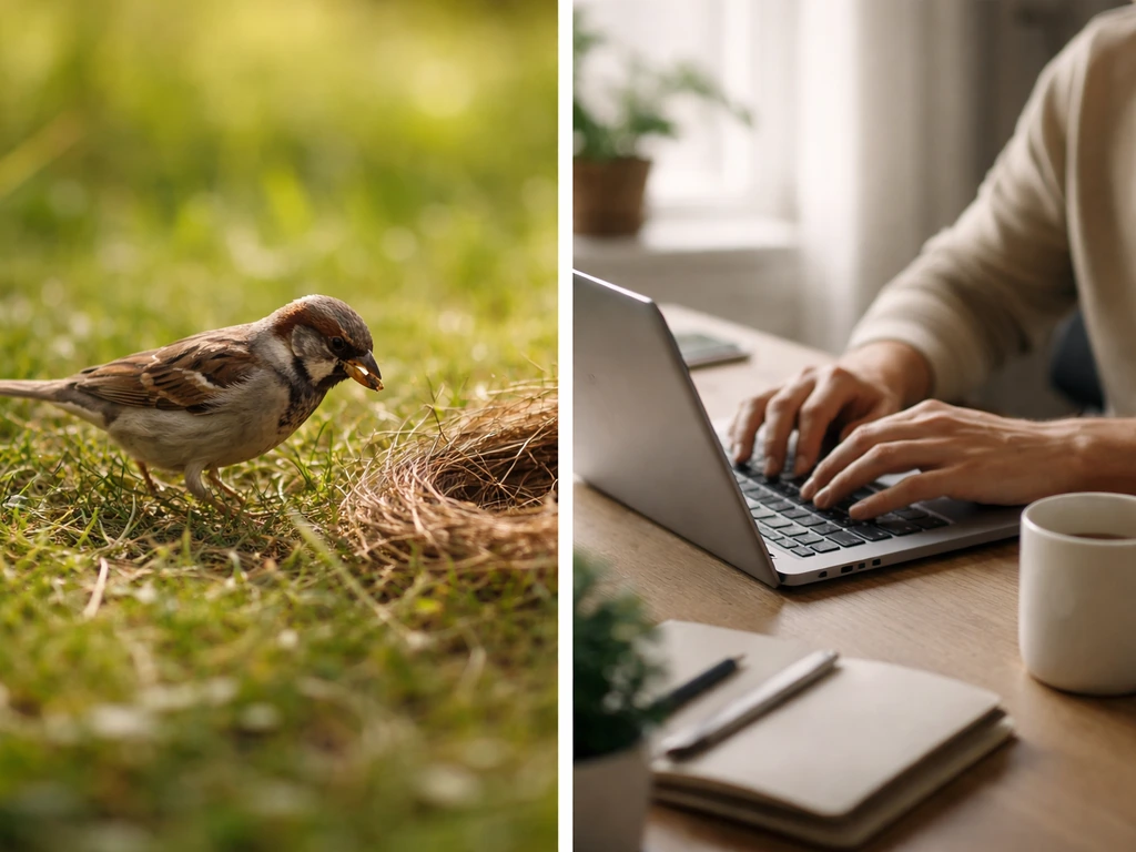 Left: active nesting bird near grass. Right: focused person at desk with laptop, symbolizing figurative “busy bird.”