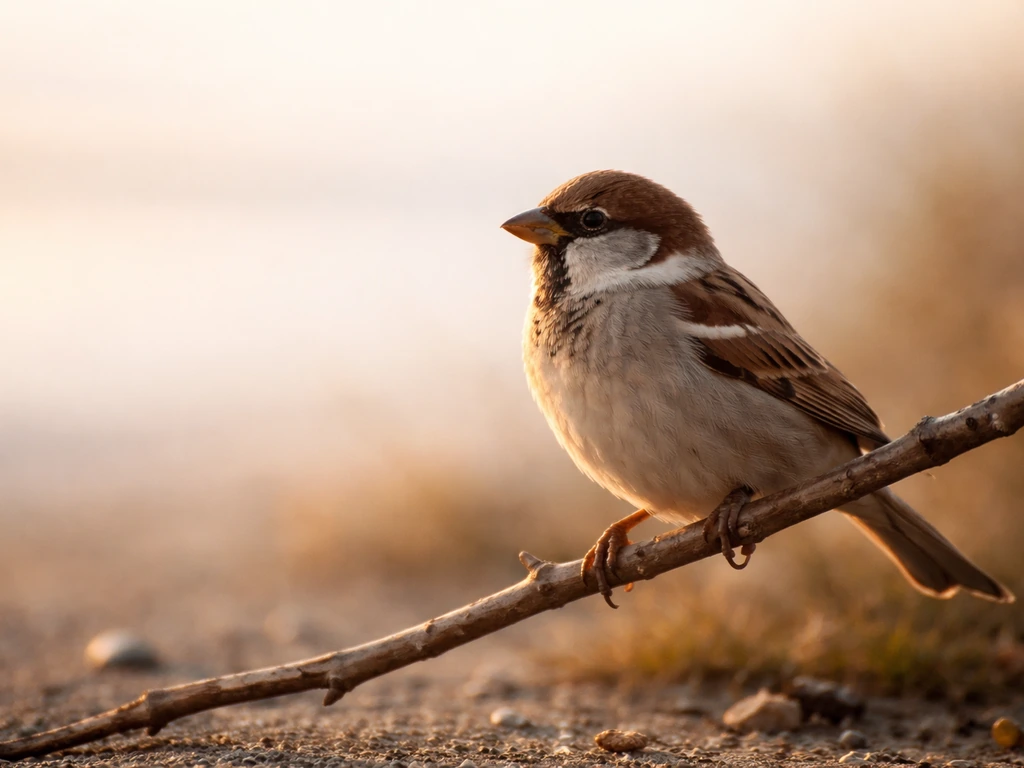 A small sparrow perched at dawn with early sunlight, symbolizing industriousness and alertness.