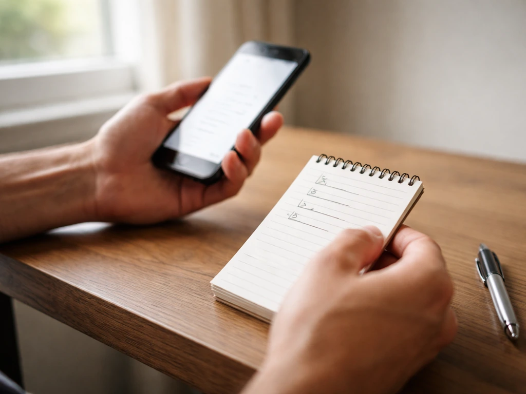 Close-up of a phone and handwritten checklist for interpreting someone’s intended meaning in context.