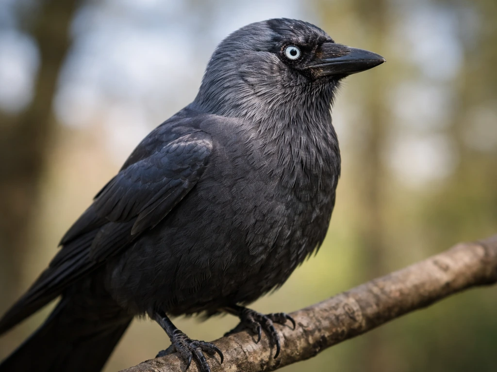Close-up of a jackdaw perched on a branch, showcasing crow-family features for “daw bird meaning”.
