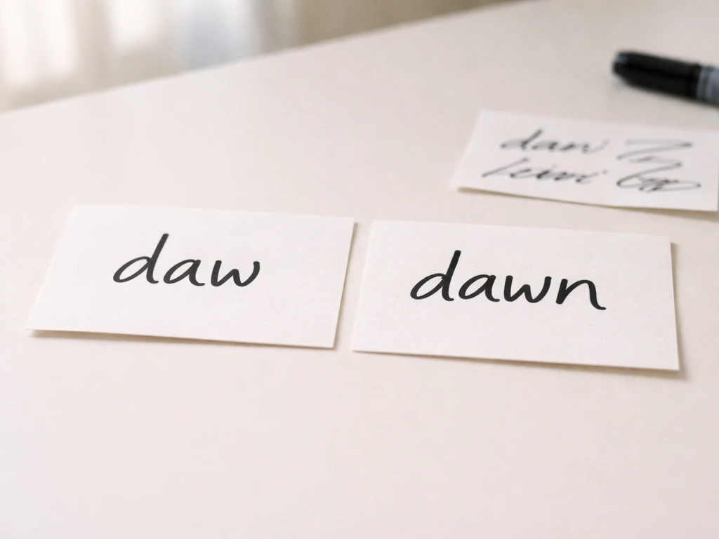 Minimal desk photo with two side-by-side handwritten cards: “daw” and “dawn,” plus a faint handwriting contrast.