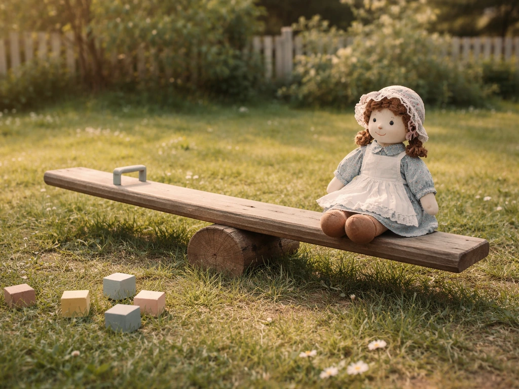 Quiet yard with a wooden seesaw and a small rag-doll character evoking a nursery rhyme.