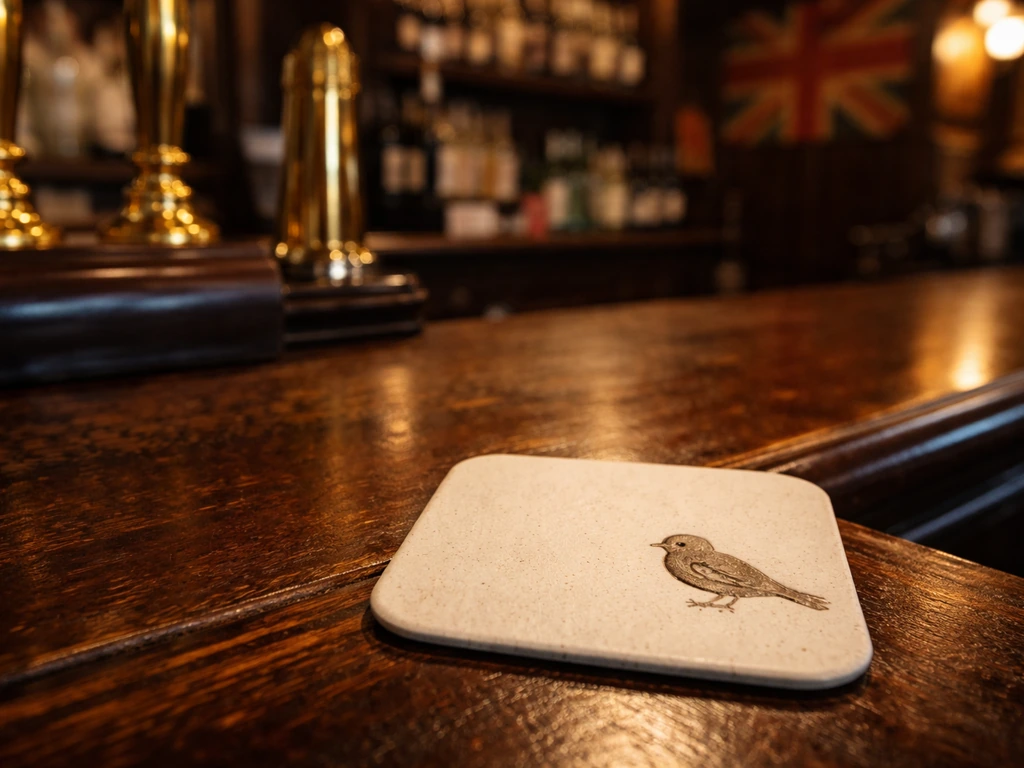 Close-up of a vintage British pub bar with a small sparrow motif and a cheeky “you’re a bird” vibe.