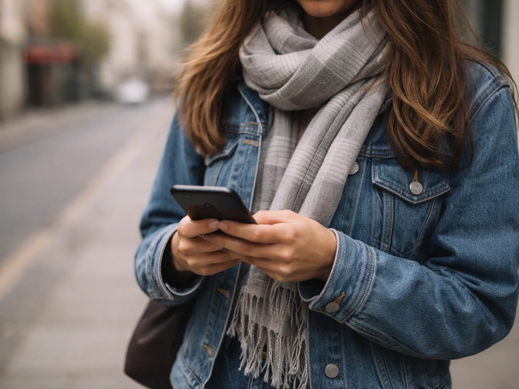 Close-up of a British-style phone conversation scene with casual street fashion vibe, conveying “bird” as slang