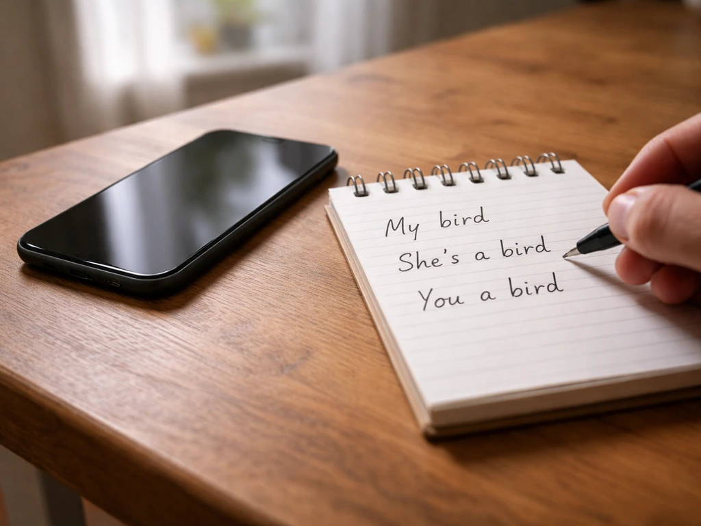 Close-up of a smartphone on a kitchen table with handwritten-style phrases about “bird” as slang