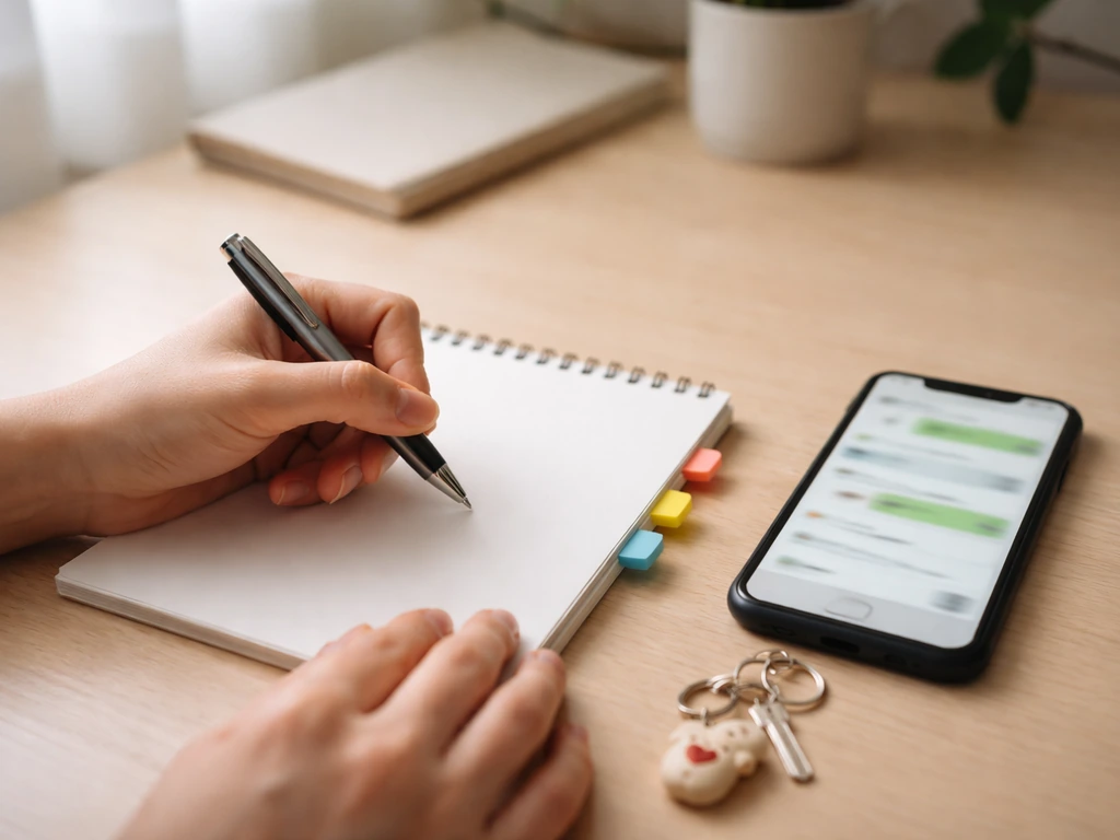 Minimal desk scene with a notepad and phone showing a blurred chat-like conversation to decode someone’s intent.