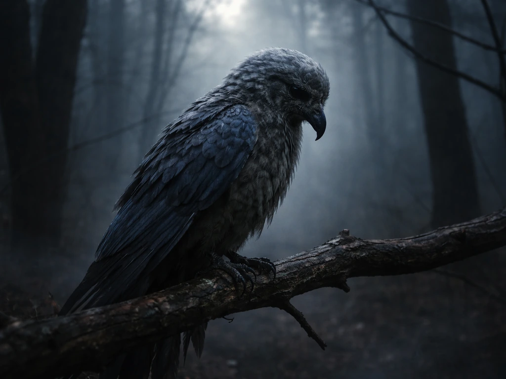 A sorrowful, fictional mythic bird perched on a bare branch in a misty, dim woodland at dusk.