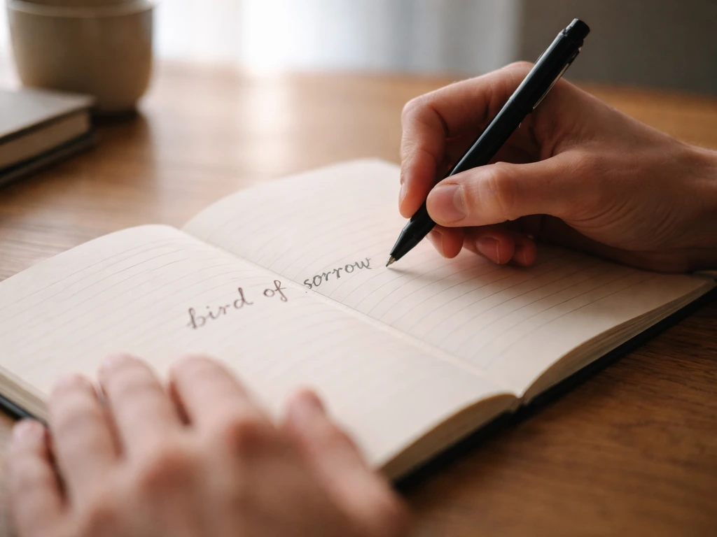 Hands with a pen over an open notebook showing handwritten lines about a “bird of sorrow”