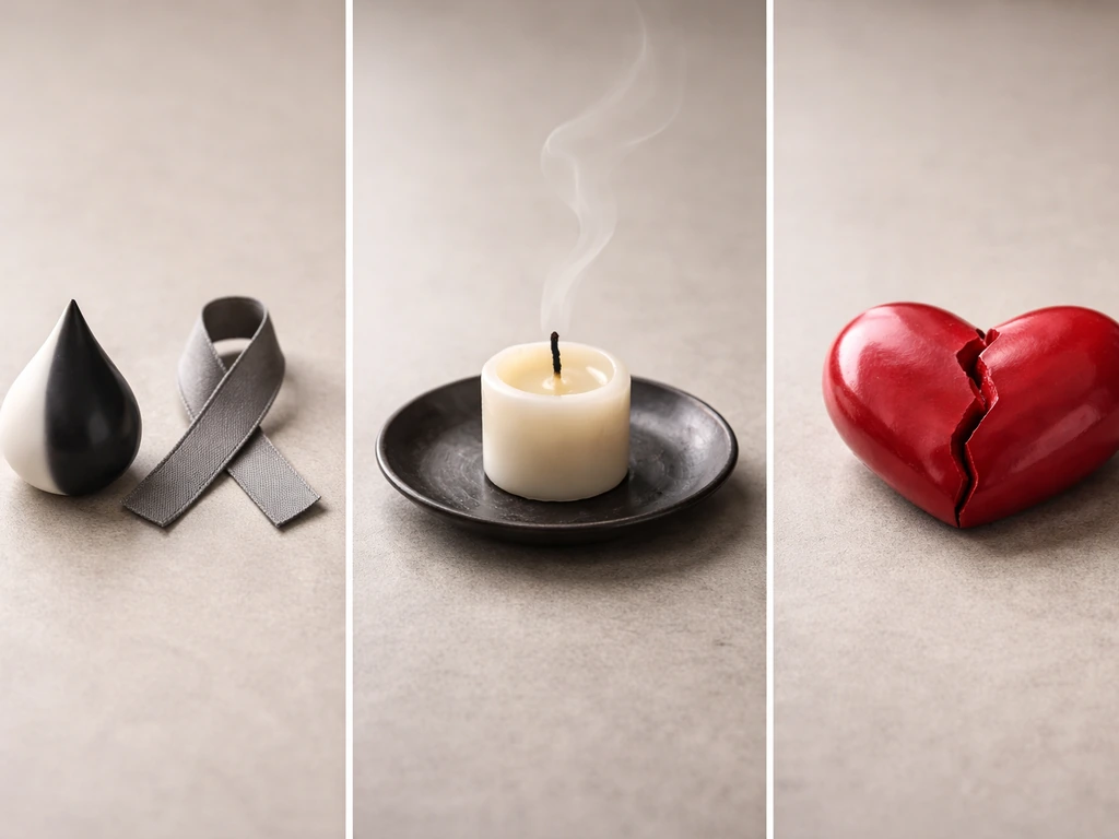 Three minimal panels with teardrop, candle, and cracked heart icons for different meanings.