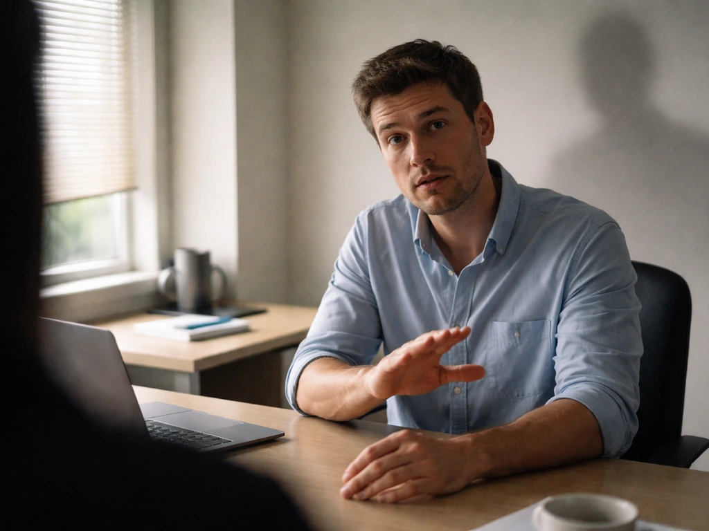 An office scene with a cautious speaker and a shadowed figure on the wall implying undisclosed info.