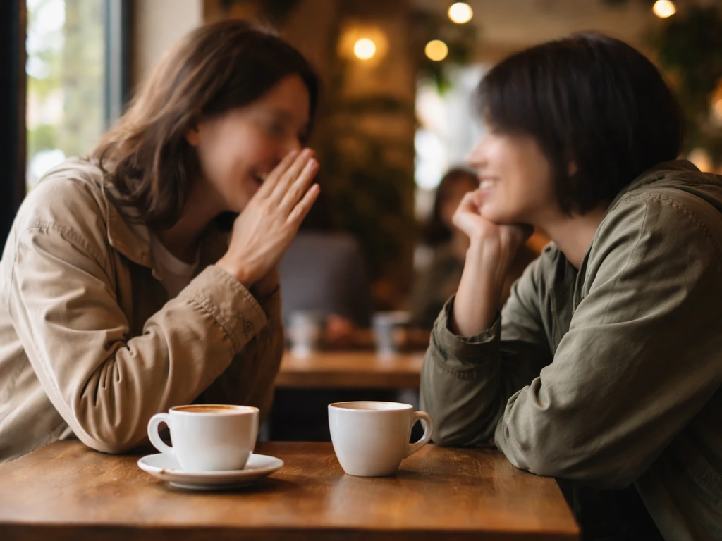 Blurred faces at a cafe table as two people casually talk and one gestures, implying an overheard secret