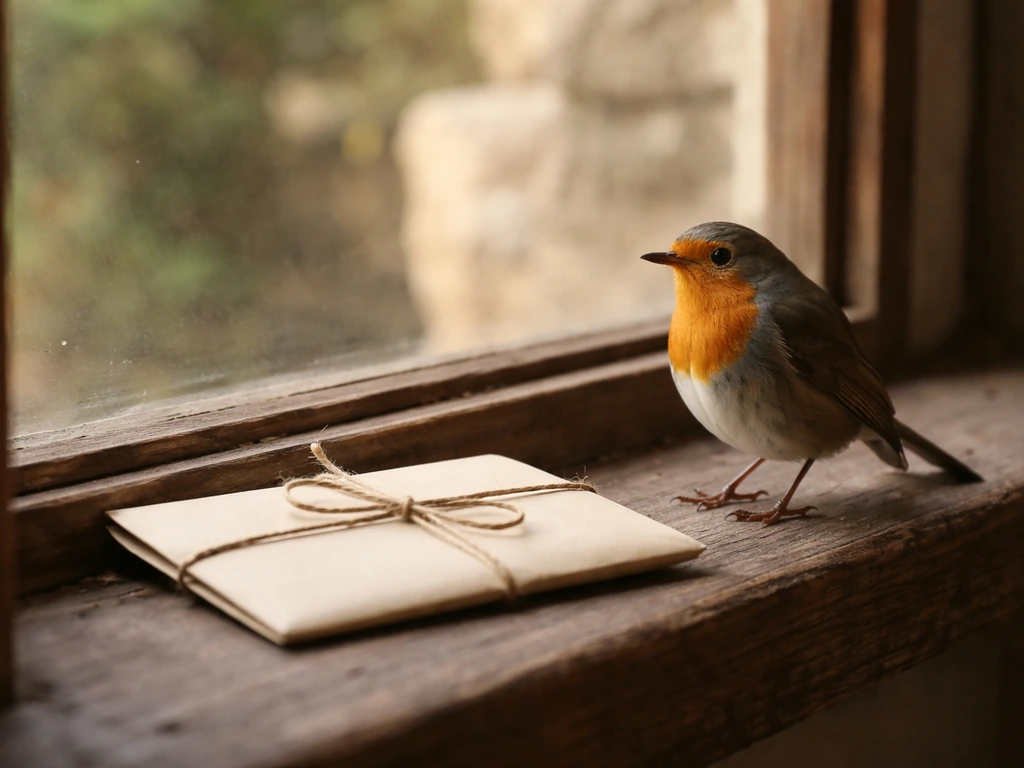 Small bird perched on a windowsill next to a sealed envelope, suggesting a messenger delivering a message.