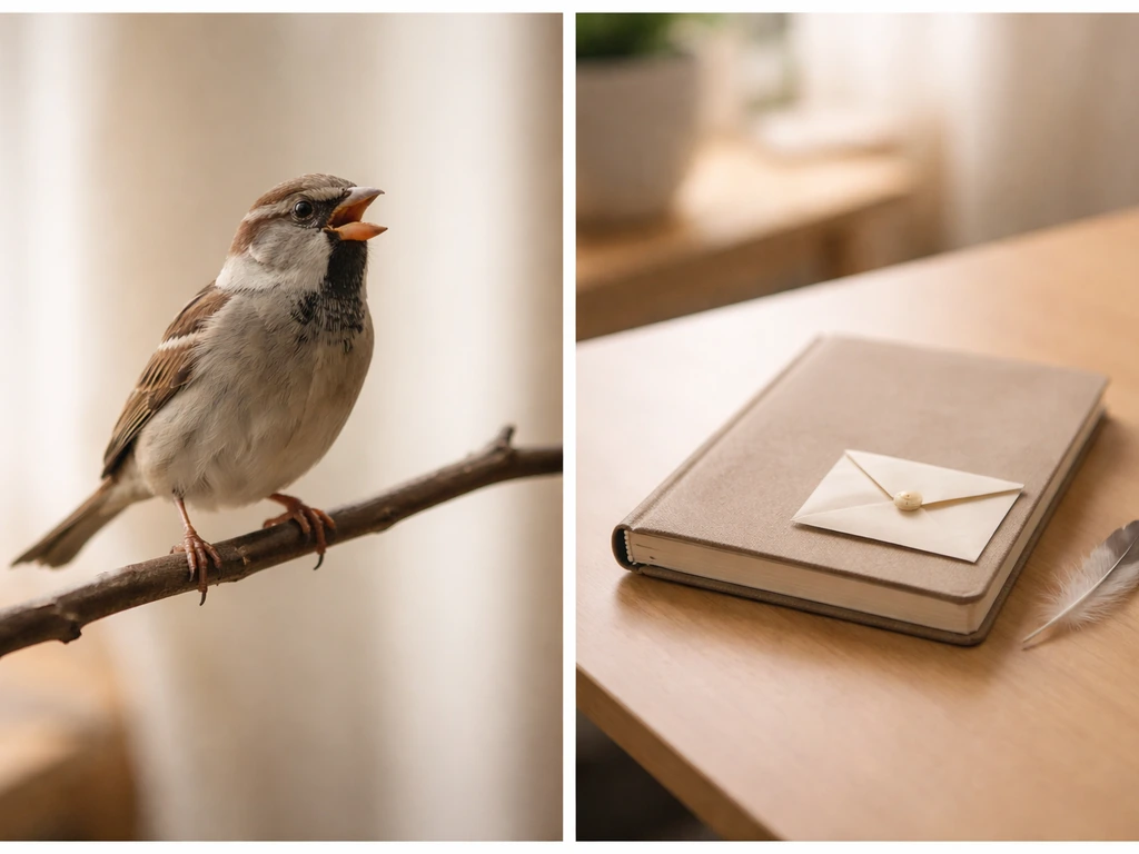 Split image: bird on a branch on the left, and a feather and envelope on a desk on the right.