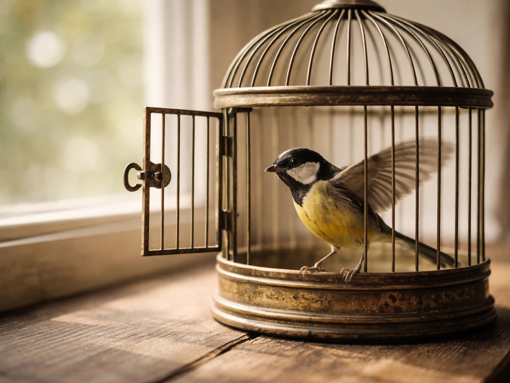 Close-up of an open birdcage with a small bird perched near the latch, motion blur suggesting urgency.
