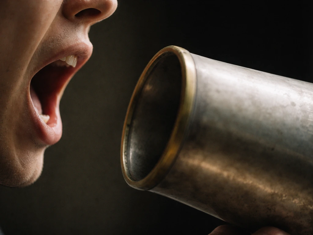 Anonymous mouth speaking urgently into a vintage megaphone, close-up with shallow depth of field.