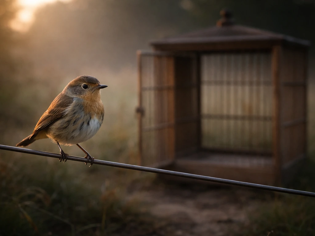 A small songbird perched on a wire with an open bird cage in the background, suggesting urgency.