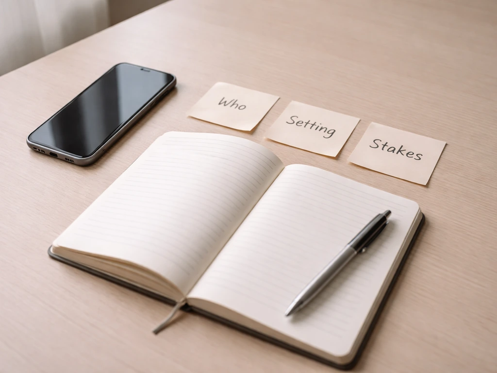 Three sticky notes labeled Who, Setting, and Stakes beside a phone and open diary on a desk.