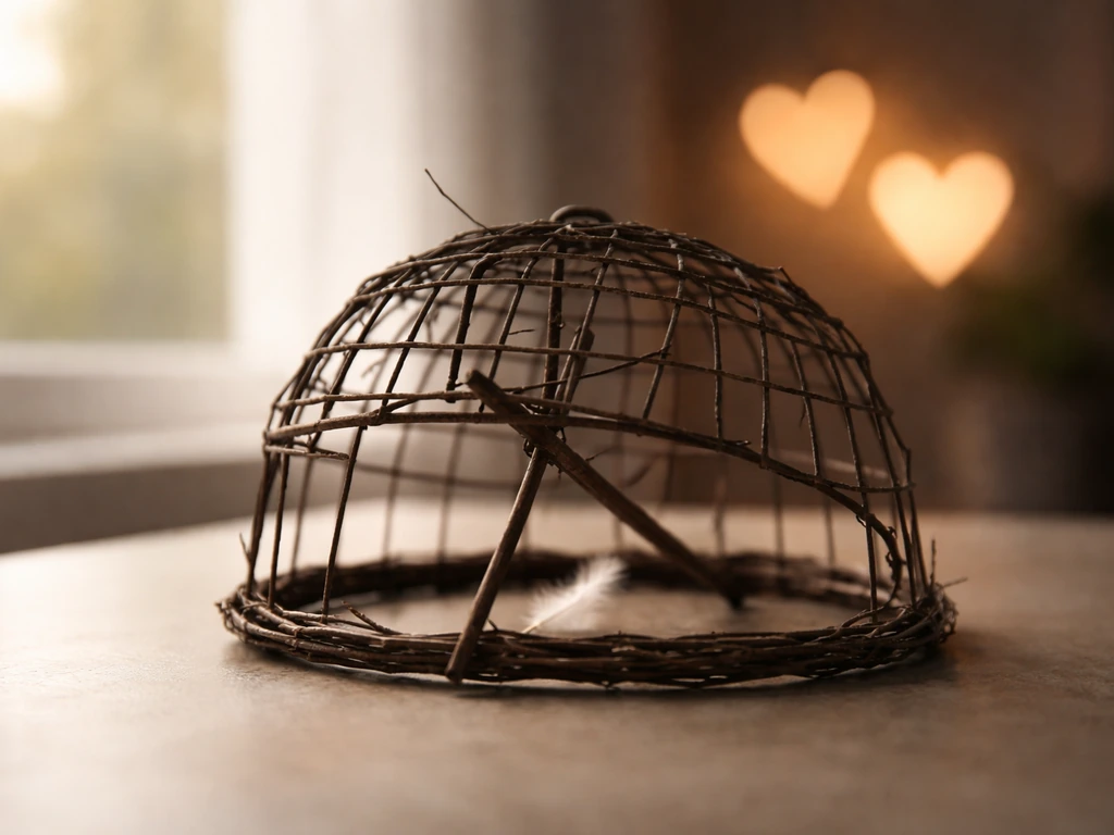 Rustic bird trap silhouette on a table with soft warm bokeh hearts, symbolizing a “bird trap” meaning.