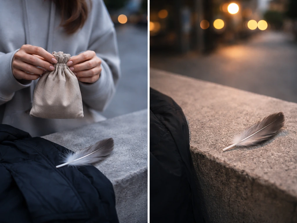 Anonymous streetwear hands holding a pouch beside a feather on a concrete ledge, suggesting slang meanings of “bird”.