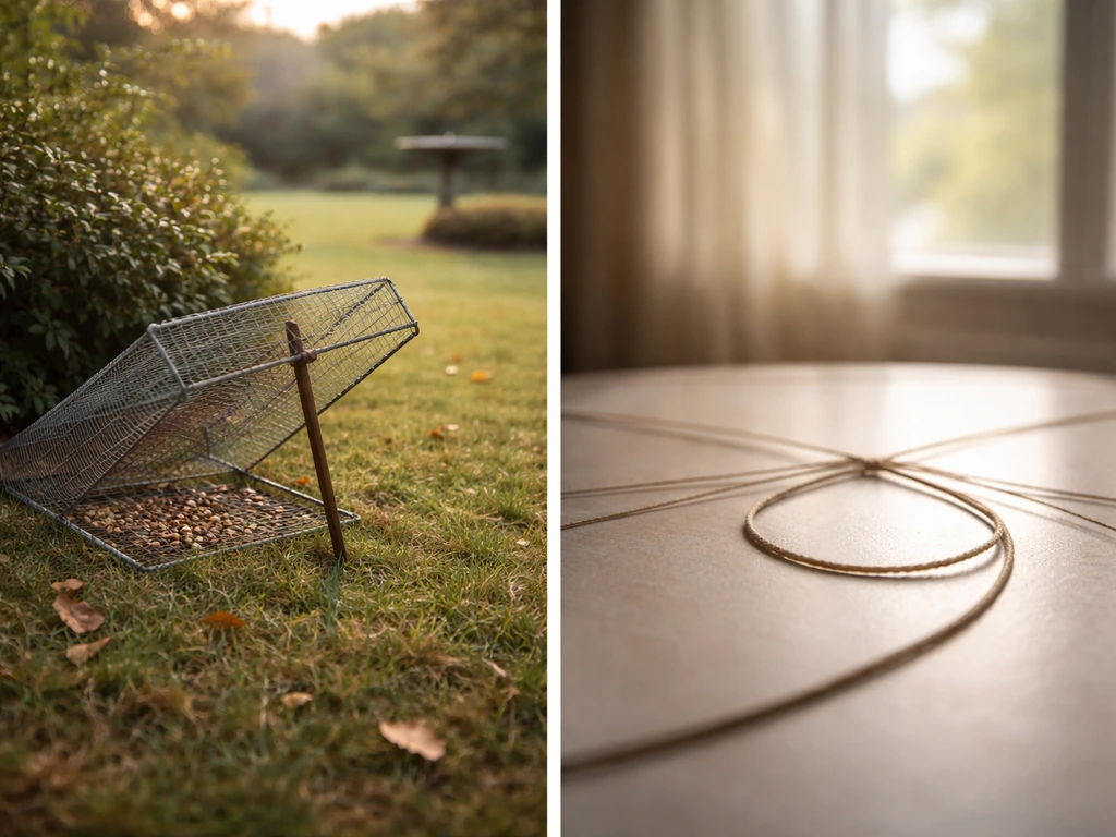 Split view showing a backyard wildlife bird trap on the left and figurative trap symbolism on the right.