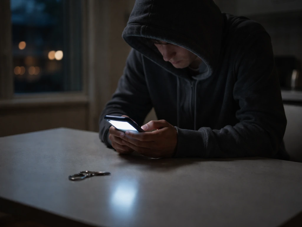 Tense person at a kitchen table holding a phone, with keys suggesting relationship entrapment cues.