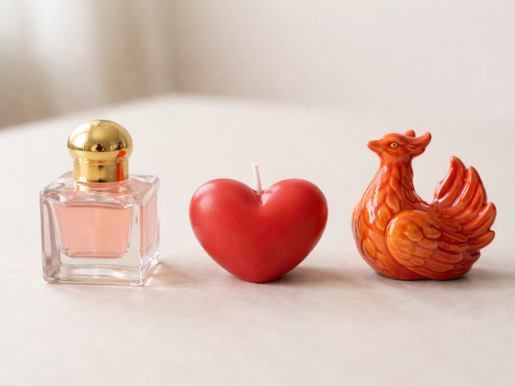 Three symbolic objects on a tabletop side by side: perfume bottle, heart candle, and a warm phoenix figurine.