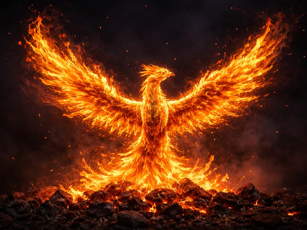 A realistic phoenix made of glowing flames rises from embers at dusk, wings spread wide