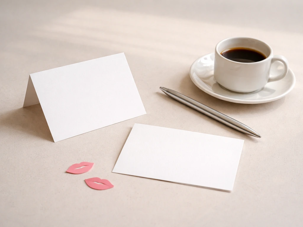 Minimal tabletop with two blank phrase cards, coffee cup, pen, and subtle lips confetti to suggest word meaning shifts.