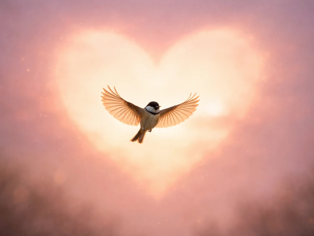 Small bird gliding in front of a soft heart-shaped sky glow, symbolizing love and freedom