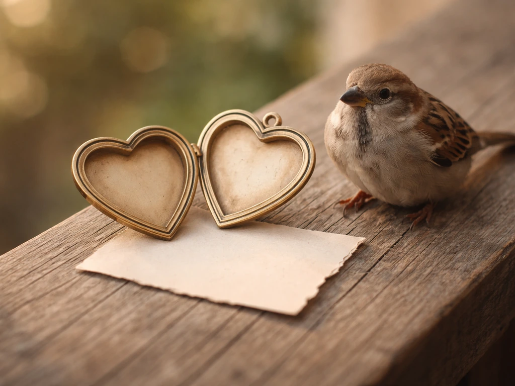A small bird perched near an open heart-shaped locket with a soft handwritten note