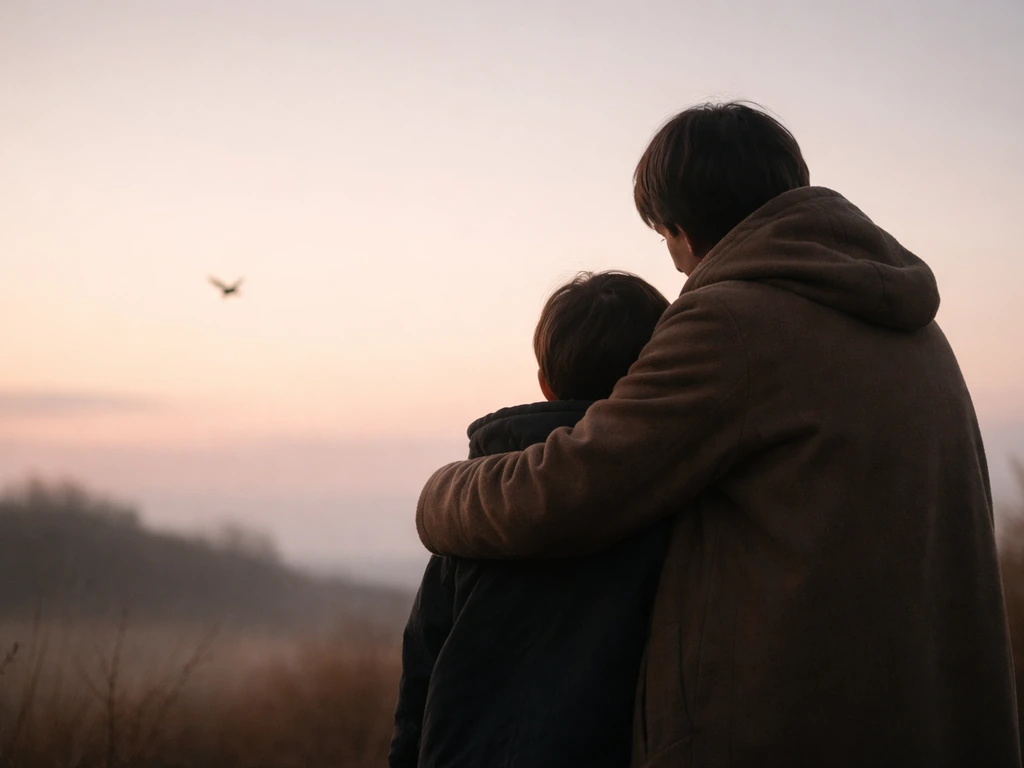 Parent-like embrace with a child silhouette as a bird flies away in soft dusk light