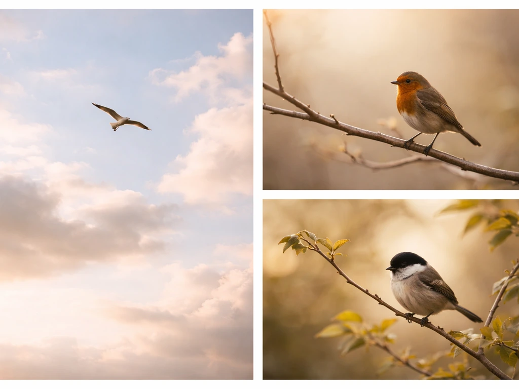 Small birds perched on branches and one bird in flight against open sky, symbolizing freedom and hope.