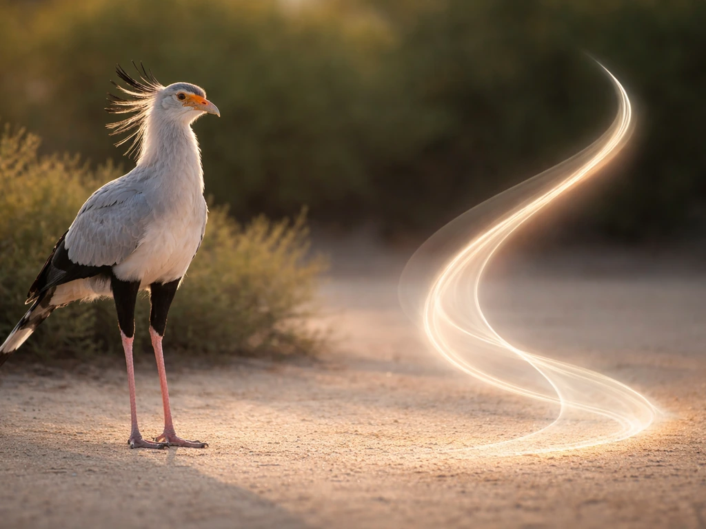Real secretary bird on sandy ground with a subtle ribbon-like light cue suggesting “flow.”