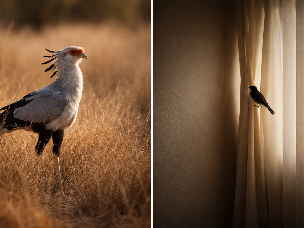 Left: secretary bird in tall grass; right: a quiet film-like scene with a bird silhouette on a curtain