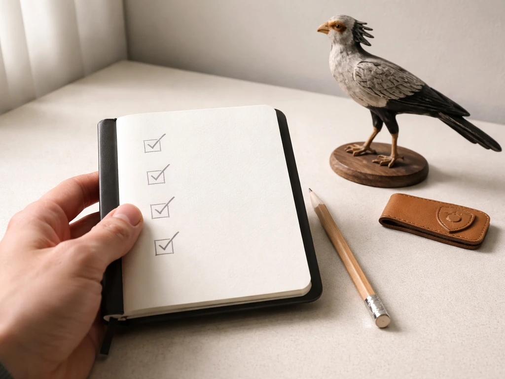 Hand with a small notebook and checkmarks beside a secretary bird figurine and a simple shield motif