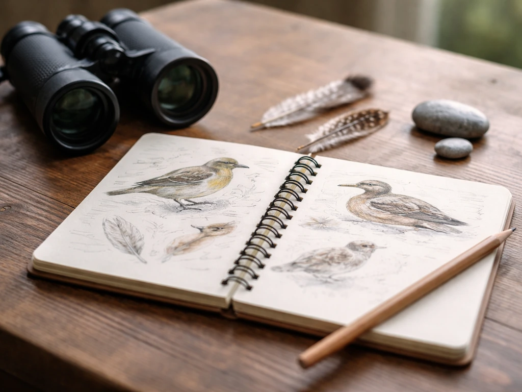 Open field notebook with binoculars and small feathers on a wooden table, natural light, minimal scene.