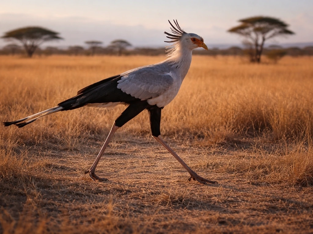 Secretary bird stalking across an African savanna, long legs and upright crest clearly visible.
