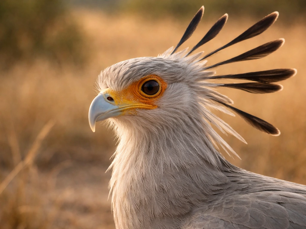 Close-up of a secretary bird’s head and crest feathers resembling quill pens tucked behind an ear