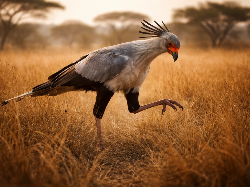 Secretary bird-like long-legged predator in tall grass during a hunting moment, blurred background, natural light.